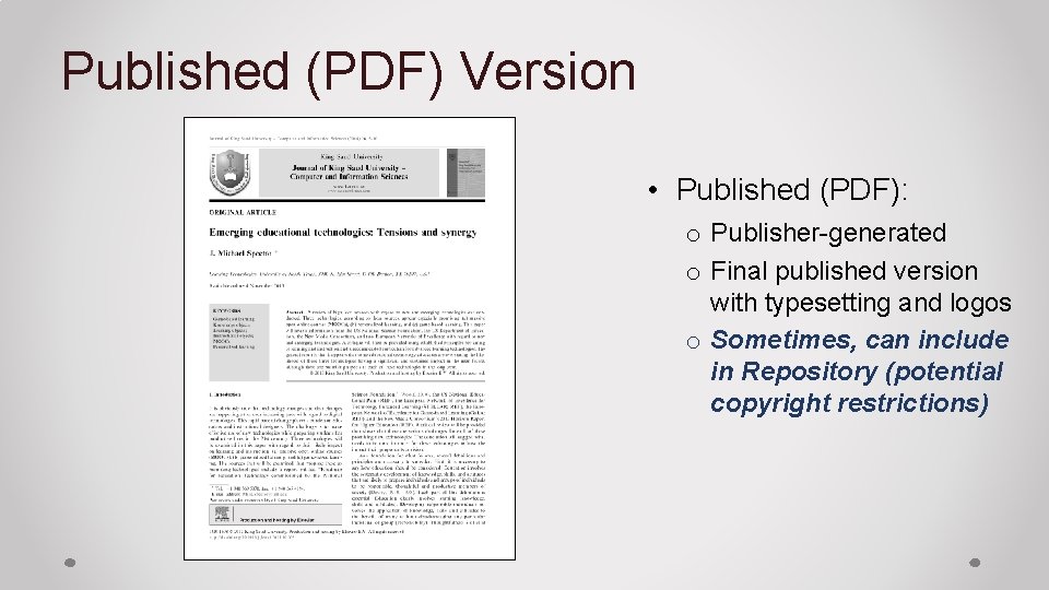 Published (PDF) Version • Published (PDF): o Publisher-generated o Final published version with typesetting