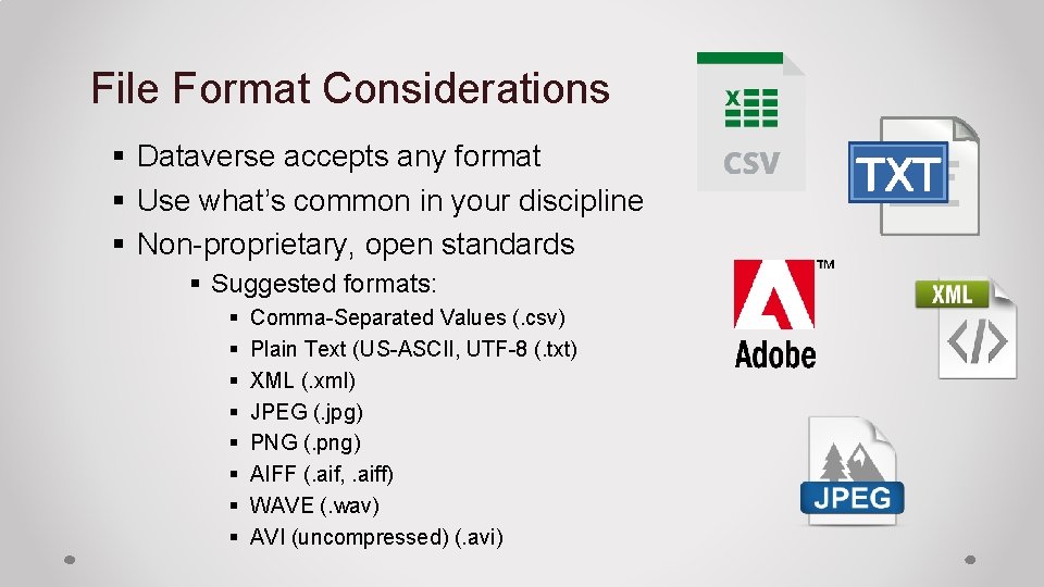 File Format Considerations § Dataverse accepts any format § Use what’s common in your