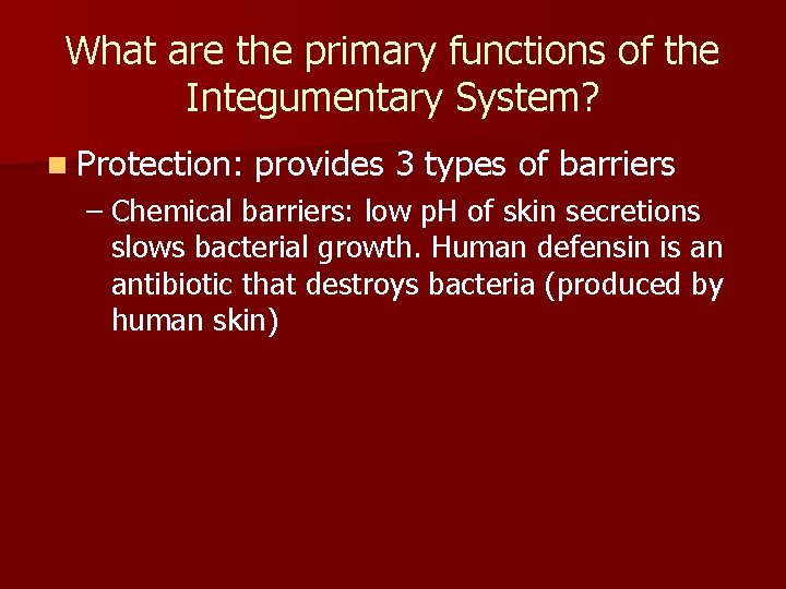 What are the primary functions of the Integumentary System? n Protection: provides 3 types