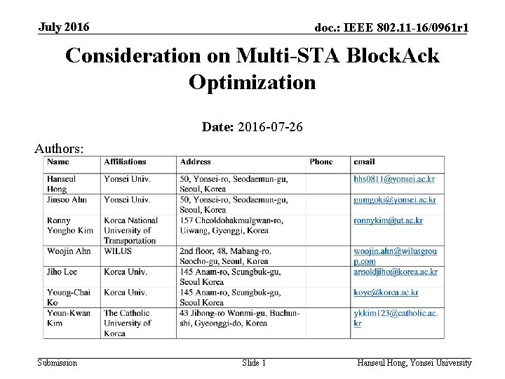 July 2016 doc. : IEEE 802. 11 -16/0961 r 1 Consideration on Multi-STA Block.