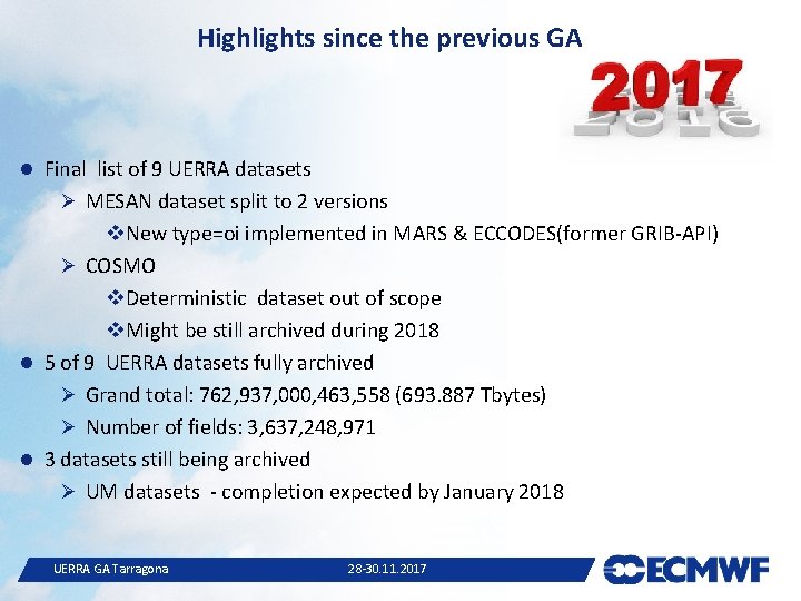 Highlights since the previous GA Final list of 9 UERRA datasets Ø MESAN dataset