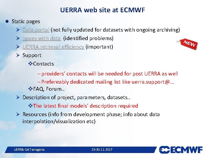 UERRA web site at ECMWF Static pages Ø Data portal (not fully updated for