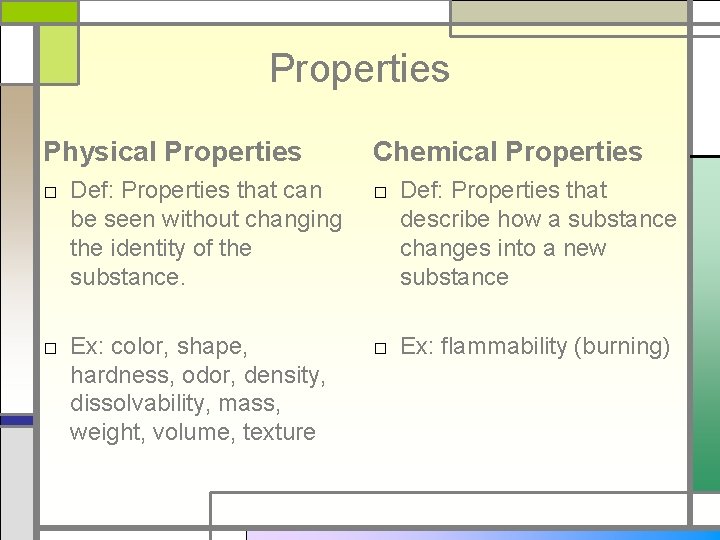 Properties Physical Properties Chemical Properties □ Def: Properties that can be seen without changing