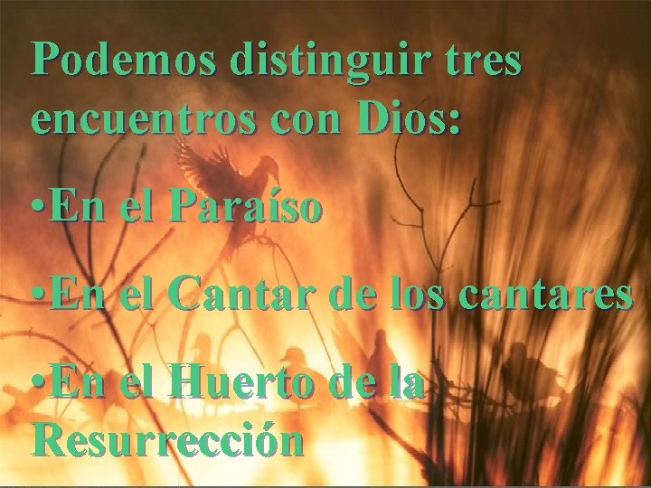 Podemos distinguir tres encuentros con Dios: • En el Paraíso • En el Cantar