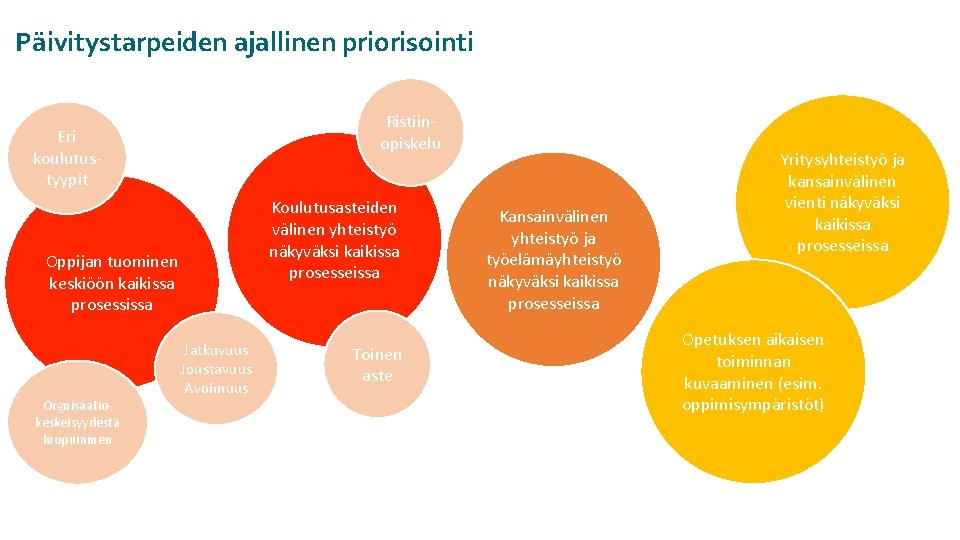 Päivitystarpeiden ajallinen priorisointi Ristiinopiskelu Eri koulutustyypit Koulutusasteiden välinen yhteistyö näkyväksi kaikissa prosesseissa Oppijan tuominen