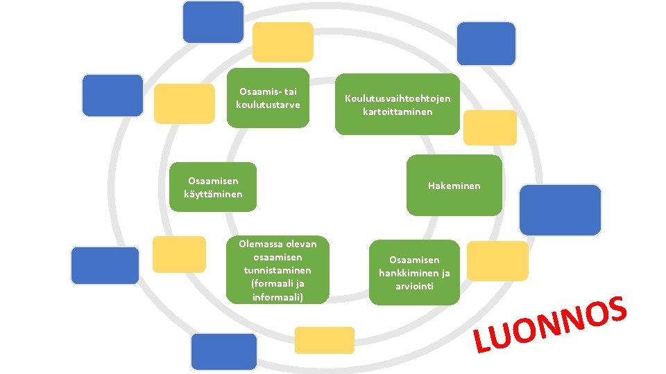 Osaamis- tai koulutustarve Osaamisen käyttäminen Olemassa olevan osaamisen tunnistaminen (formaali ja informaali) Koulutusvaihtoehtojen kartoittaminen