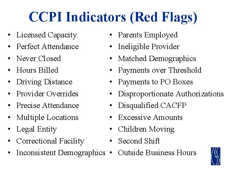CCPI Indicators (Red Flags) • • • Licensed Capacity Perfect Attendance Never Closed Hours CCPI Indicators (Red Flags) • • • Licensed Capacity Perfect Attendance Never Closed Hours