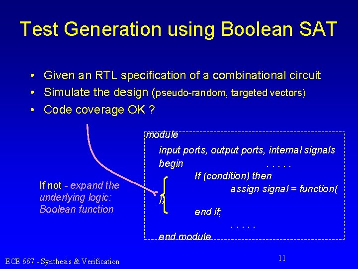 Test Generation using Boolean SAT • Given an RTL specification of a combinational circuit