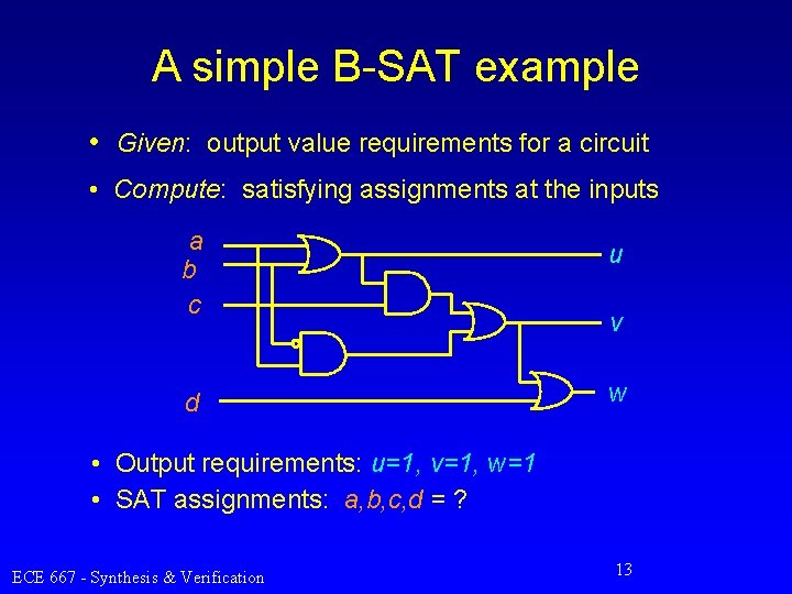 A simple B-SAT example • Given: output value requirements for a circuit • Compute: