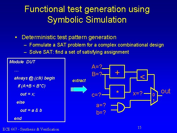 Functional test generation using Symbolic Simulation • Deterministic test pattern generation – Formulate a