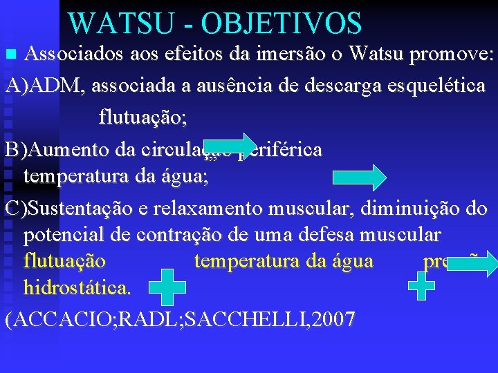 WATSU - OBJETIVOS Associados aos efeitos da imersão o Watsu promove: A)ADM, associada a
