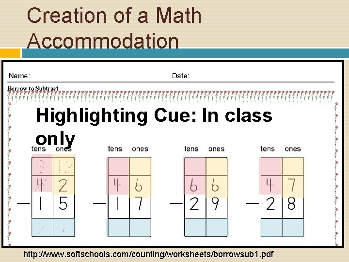 Creation of a Math Accommodation Highlighting Cue: In class only http: //www. softschools. com/counting/worksheets/borrowsub