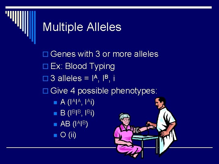 Multiple Alleles o Genes with 3 or more alleles o Ex: Blood Typing o Multiple Alleles o Genes with 3 or more alleles o Ex: Blood Typing o