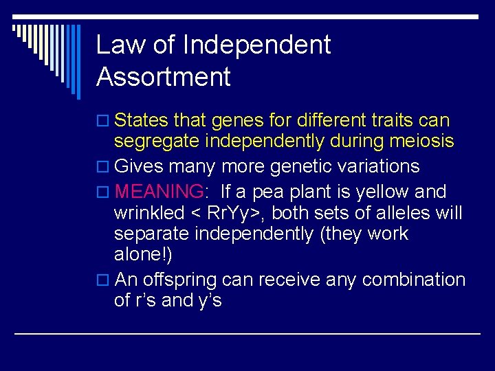 Law of Independent Assortment o States that genes for different traits can segregate independently Law of Independent Assortment o States that genes for different traits can segregate independently