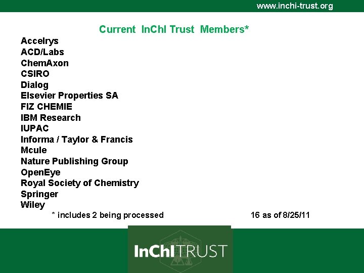 www. inchi-trust. org Current In. Ch. I Trust Members* Accelrys ACD/Labs Chem. Axon CSIRO