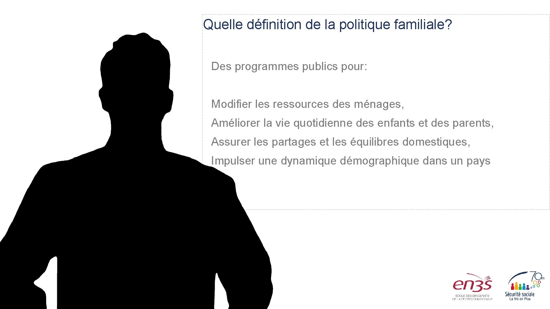 Quelle définition de la politique familiale? Des programmes publics pour: Modifier les ressources des