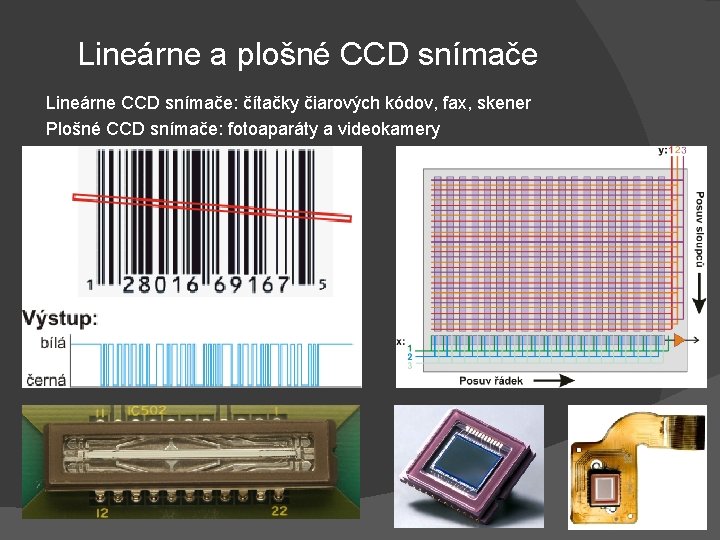 Lineárne a plošné CCD snímače Lineárne CCD snímače: čítačky čiarových kódov, fax, skener Plošné