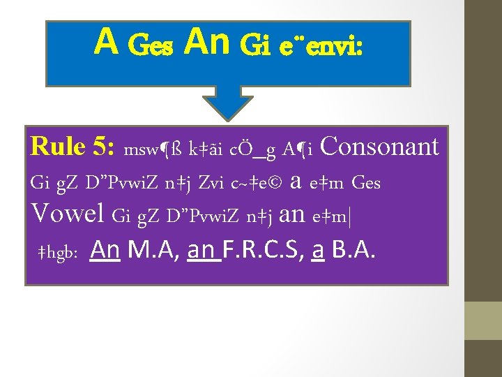 A Ges An Gi e¨envi: Rule 5: msw¶ß k‡ãi cÖ_g A¶i Consonant Gi g.