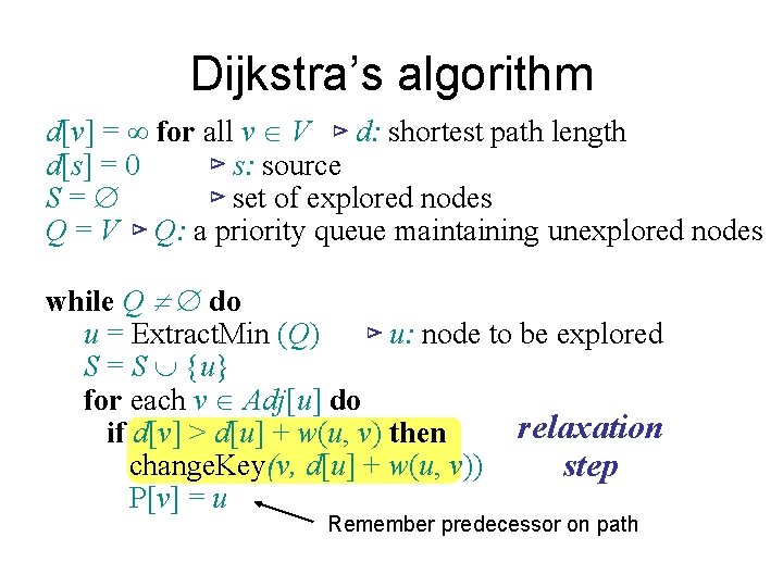 Dijkstra’s algorithm d[v] = ¥ for all v Î V ⊳ d: shortest path