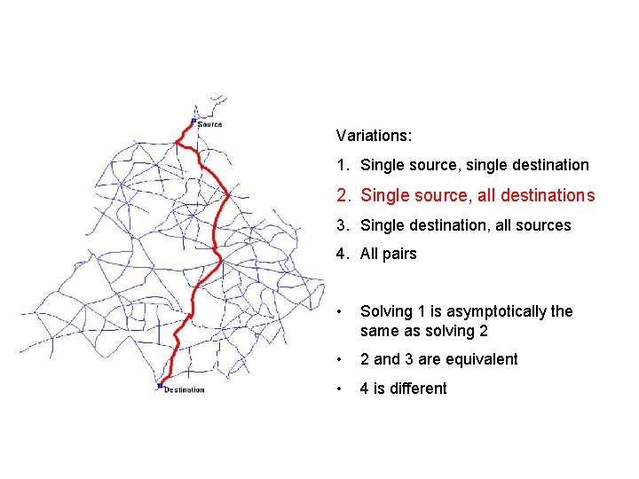 Variations: 1. Single source, single destination 2. Single source, all destinations 3. Single destination,