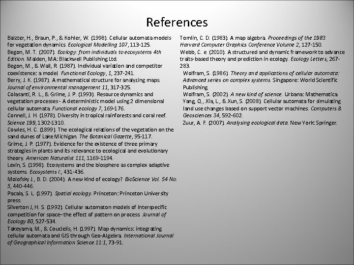 References Balzter, H. , Braun, P. , & Kohler, W. (1998). Cellular automata models