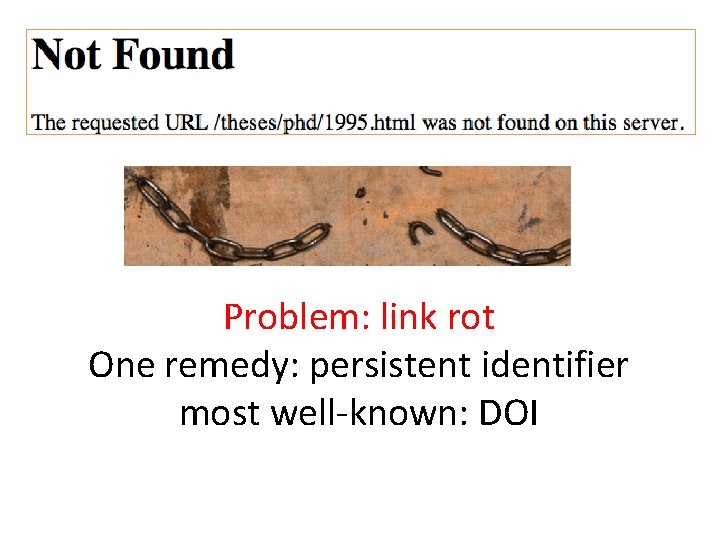 Problem: link rot One remedy: persistent identifier most well-known: DOI 