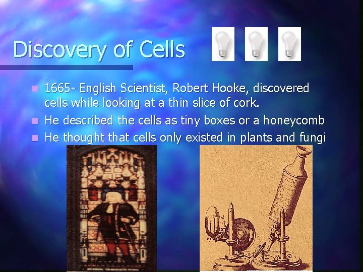 Discovery of Cells 1665 - English Scientist, Robert Hooke, discovered cells while looking at