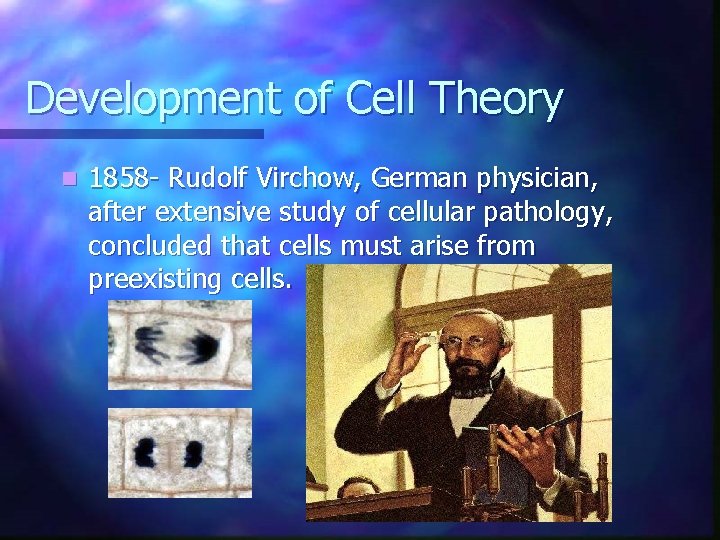 Development of Cell Theory n 1858 - Rudolf Virchow, German physician, after extensive study