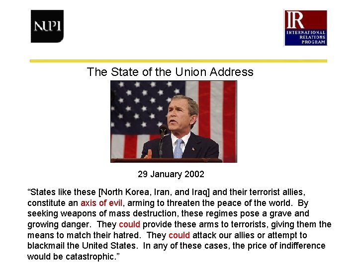 The State of the Union Address 29 January 2002 “States like these [North Korea,