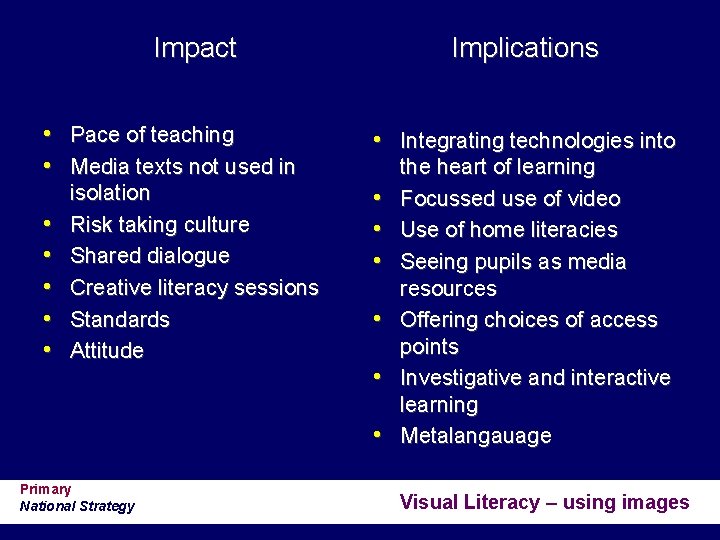 Impact • Pace of teaching • Media texts not used in • • •