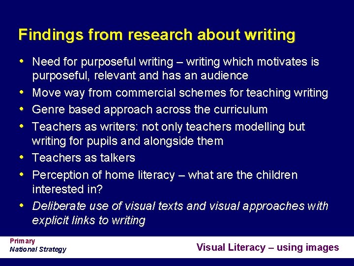 Findings from research about writing • Need for purposeful writing – writing which motivates