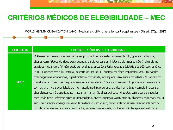 CRITÉRIOS MÉDICOS DE ELEGIBILIDADE – MEC WORLD HEALTH ORGANIZATION (WHO). Medical eligibility criteria for