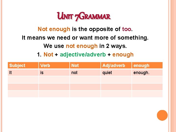 UNIT 7 GRAMMAR Not enough is the opposite of too. It means we need