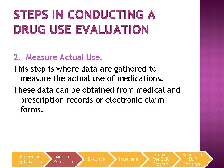STEPS IN CONDUCTING A DRUG USE EVALUATION 2. Measure Actual Use. This step is STEPS IN CONDUCTING A DRUG USE EVALUATION 2. Measure Actual Use. This step is