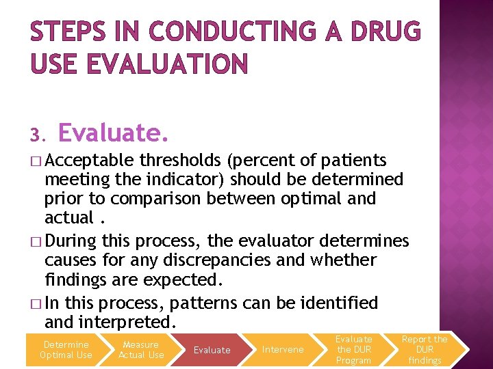 STEPS IN CONDUCTING A DRUG USE EVALUATION 3. Evaluate. � Acceptable thresholds (percent of