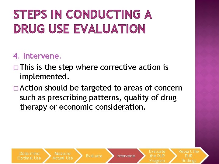 STEPS IN CONDUCTING A DRUG USE EVALUATION 4. Intervene. � This is the step STEPS IN CONDUCTING A DRUG USE EVALUATION 4. Intervene. � This is the step