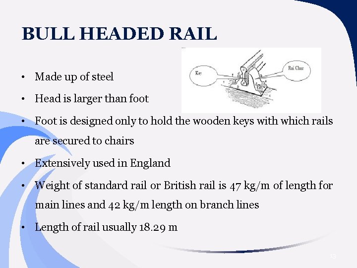 BULL HEADED RAIL • Made up of steel • Head is larger than foot