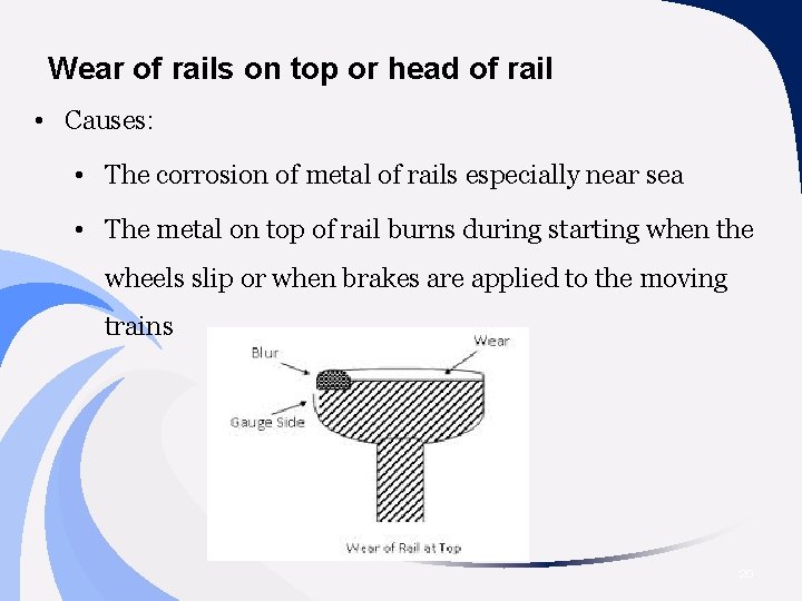 Wear of rails on top or head of rail • Causes: • The corrosion