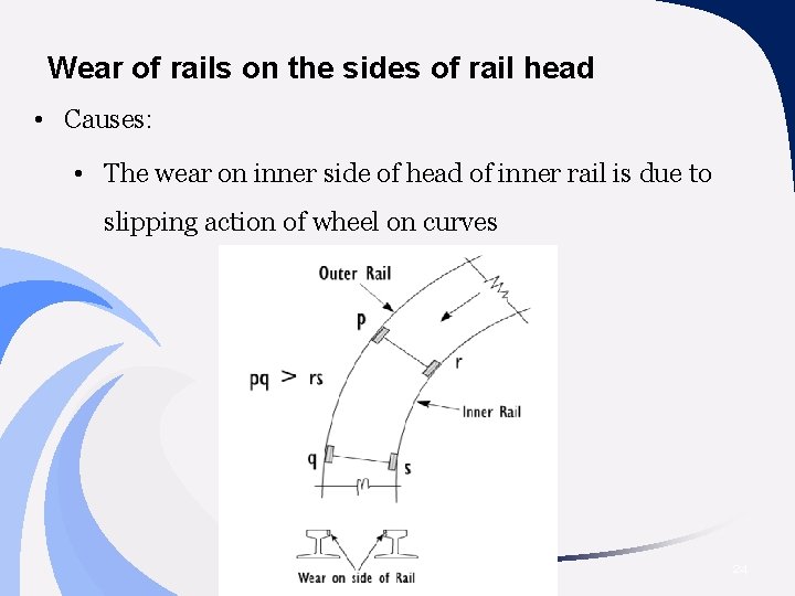 Wear of rails on the sides of rail head • Causes: • The wear