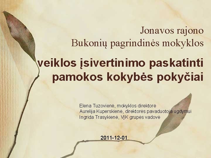 Jonavos rajono Bukonių pagrindinės mokyklos veiklos įsivertinimo paskatinti pamokos kokybės pokyčiai Elena Tuzovienė, mokyklos