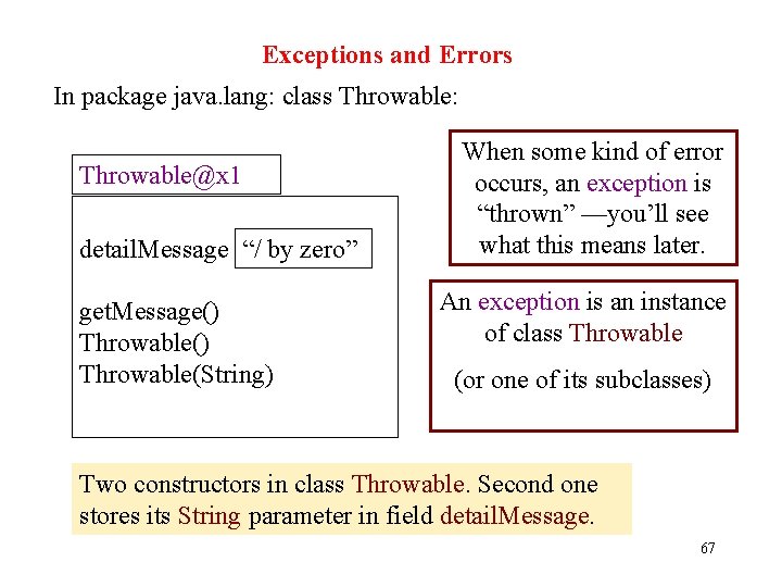 Exceptions and Errors In package java. lang: class Throwable: Throwable@x 1 detail. Message “/