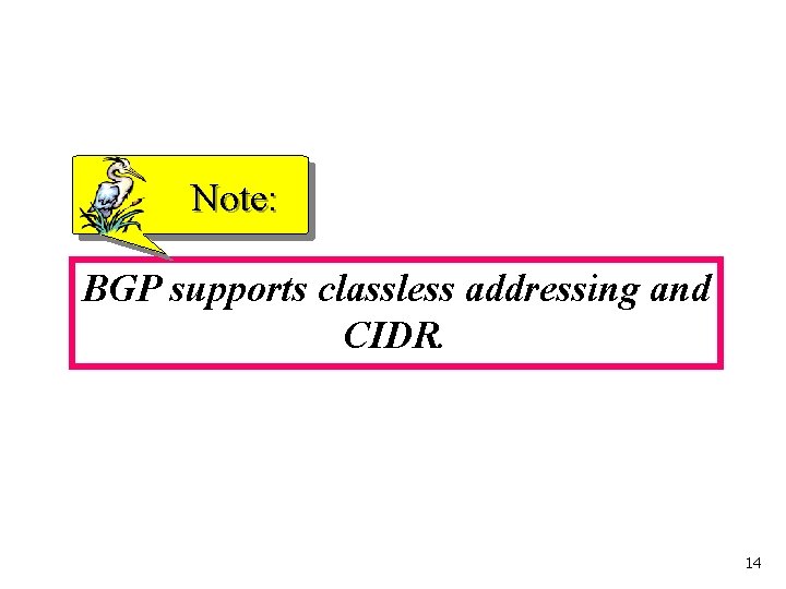Note: BGP supports classless addressing and CIDR. 14 