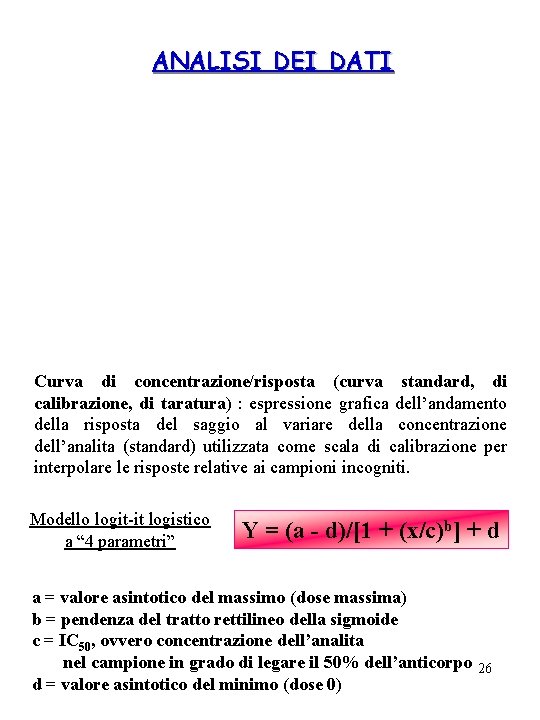 ANALISI DEI DATI Curva di concentrazione/risposta (curva standard, di calibrazione, di taratura) : espressione