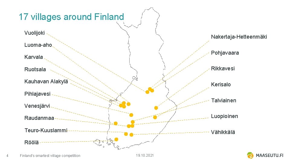 17 villages around Finland Vuolijoki Nakertaja-Hetteenmäki Luoma-aho Pohjavaara Karvala Rikkavesi Ruotsala Kauhavan Alakylä Kerisalo