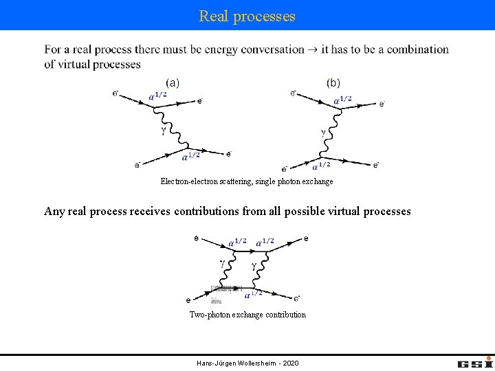 Real processes Electron-electron scattering, single photon exchange Any real process receives contributions from all Real processes Electron-electron scattering, single photon exchange Any real process receives contributions from all
