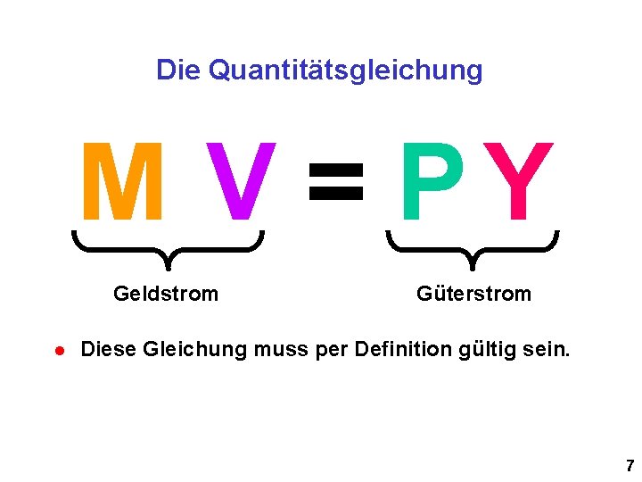 Die Quantitätsgleichung M V = PY Geldstrom l Güterstrom Diese Gleichung muss per Definition