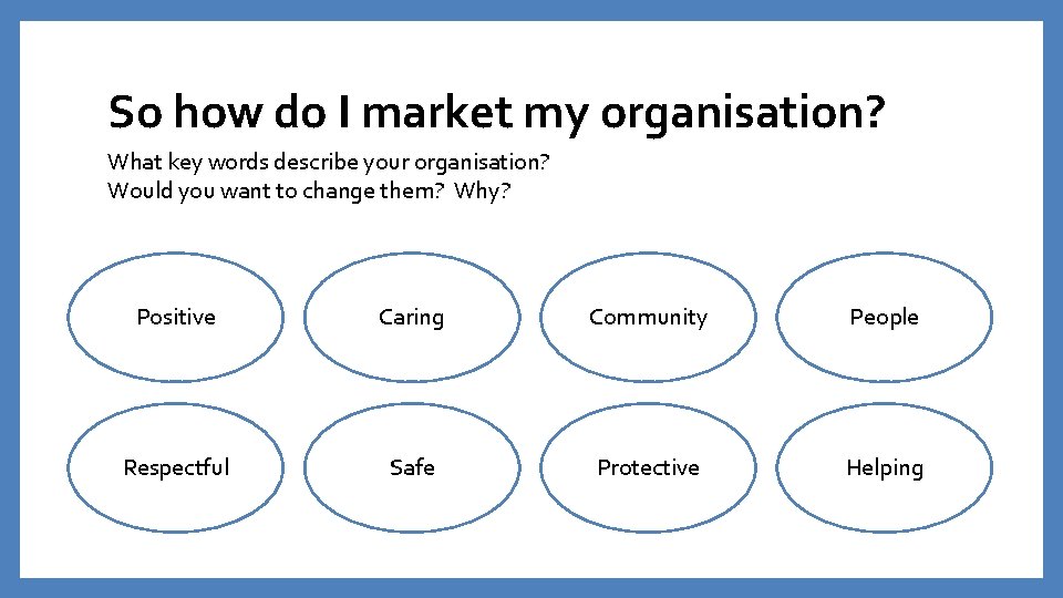 So how do I market my organisation? What key words describe your organisation? Would So how do I market my organisation? What key words describe your organisation? Would