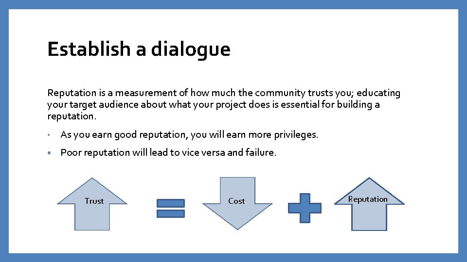 Establish a dialogue Reputation is a measurement of how much the community trusts you; Establish a dialogue Reputation is a measurement of how much the community trusts you;