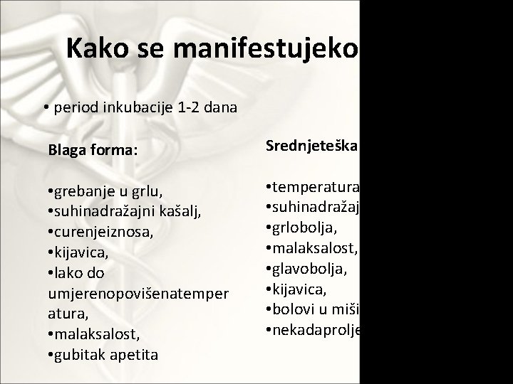 Kako se manifestujekodljudi? • period inkubacije 1 -2 dana Blaga forma: Srednjeteška forma: •