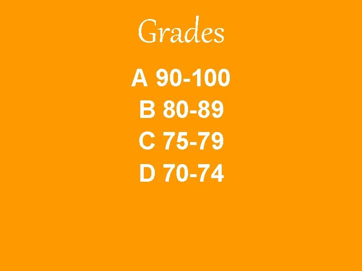 Grades A 90 -100 B 80 -89 C 75 -79 D 70 -74 